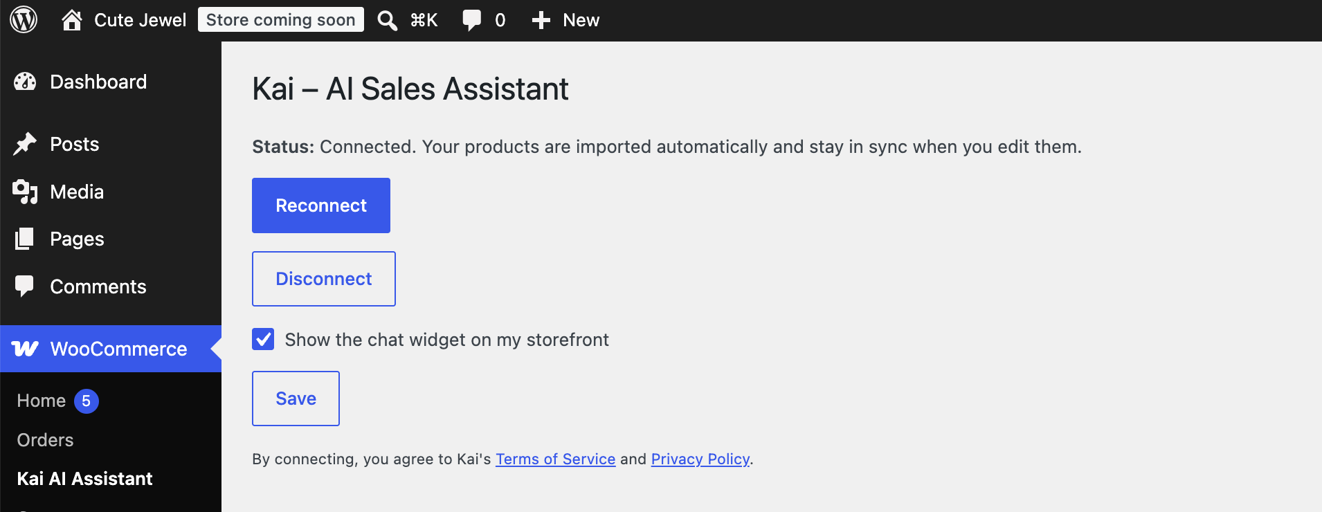 Kai AI Assistant settings page inside WooCommerce