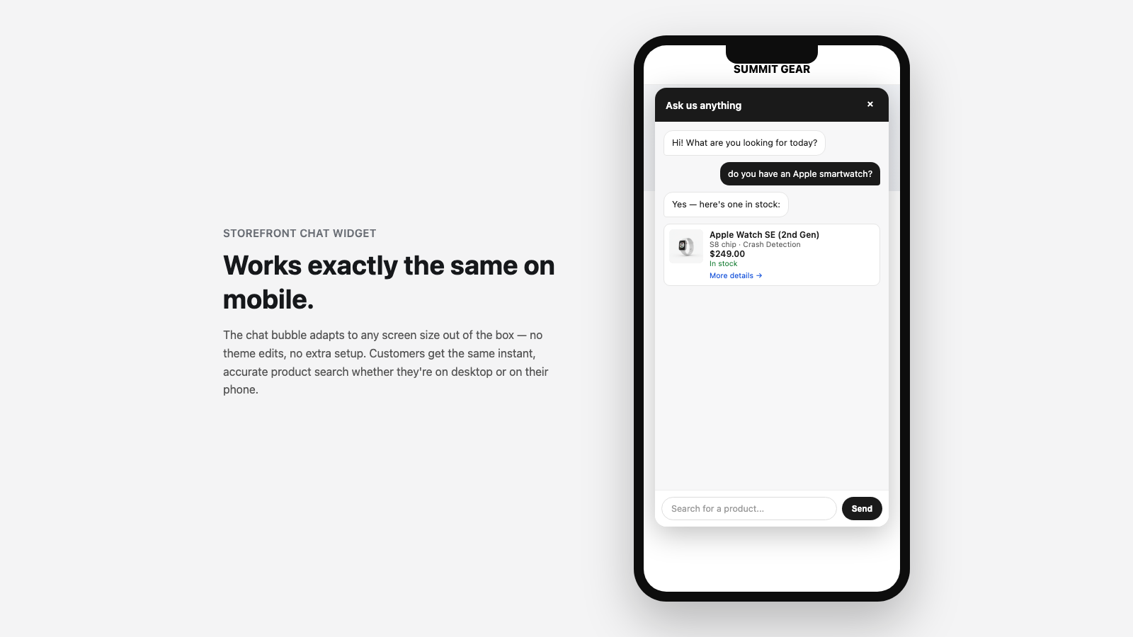 Kai chat widget on a mobile storefront