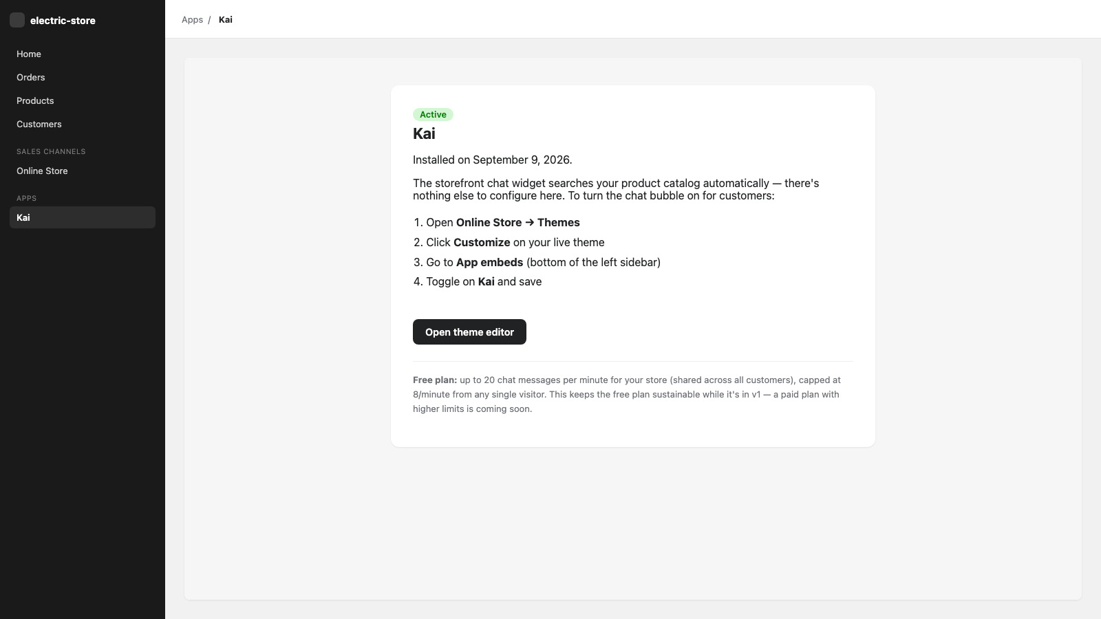 Kai app page inside Shopify admin